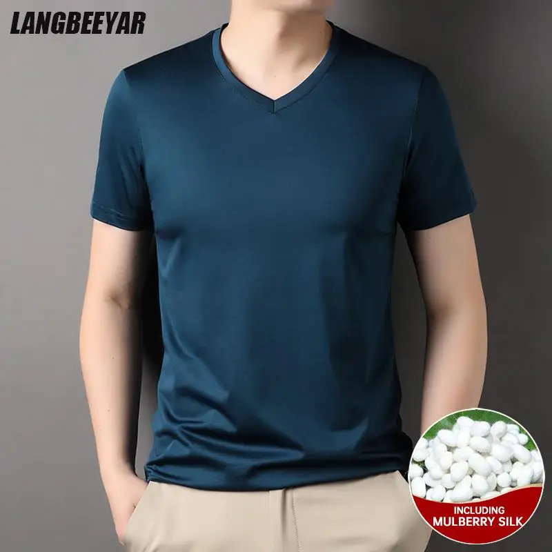 Top Grade 1.7% Mulberry Silk New Summer Brand Tops V Neck t Shirts For Men 2023 Short Sleeve Casual Fashion Mens Clothing