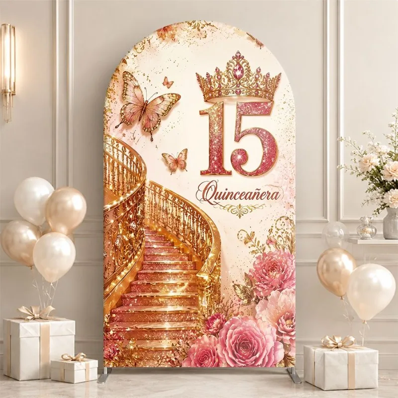 Single Side Arch Backdrop Cover Elegant 15th Quinceanera Background Banner with Golden Spiral Staircase Crown Butterflies