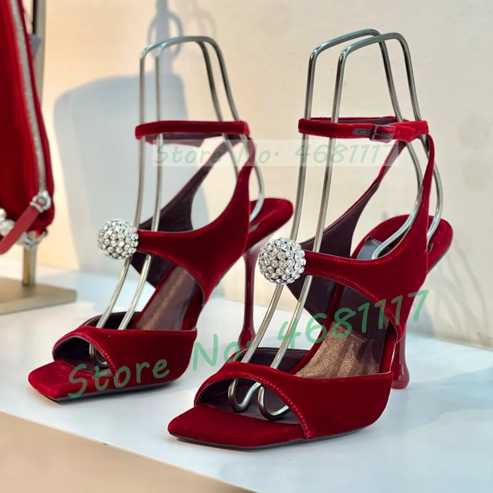 Red Velvet Square Toe Sandals With Sparkling Crystal Women Party Elegant High Heels Cross Strap Luxury Evening Dress Sandals