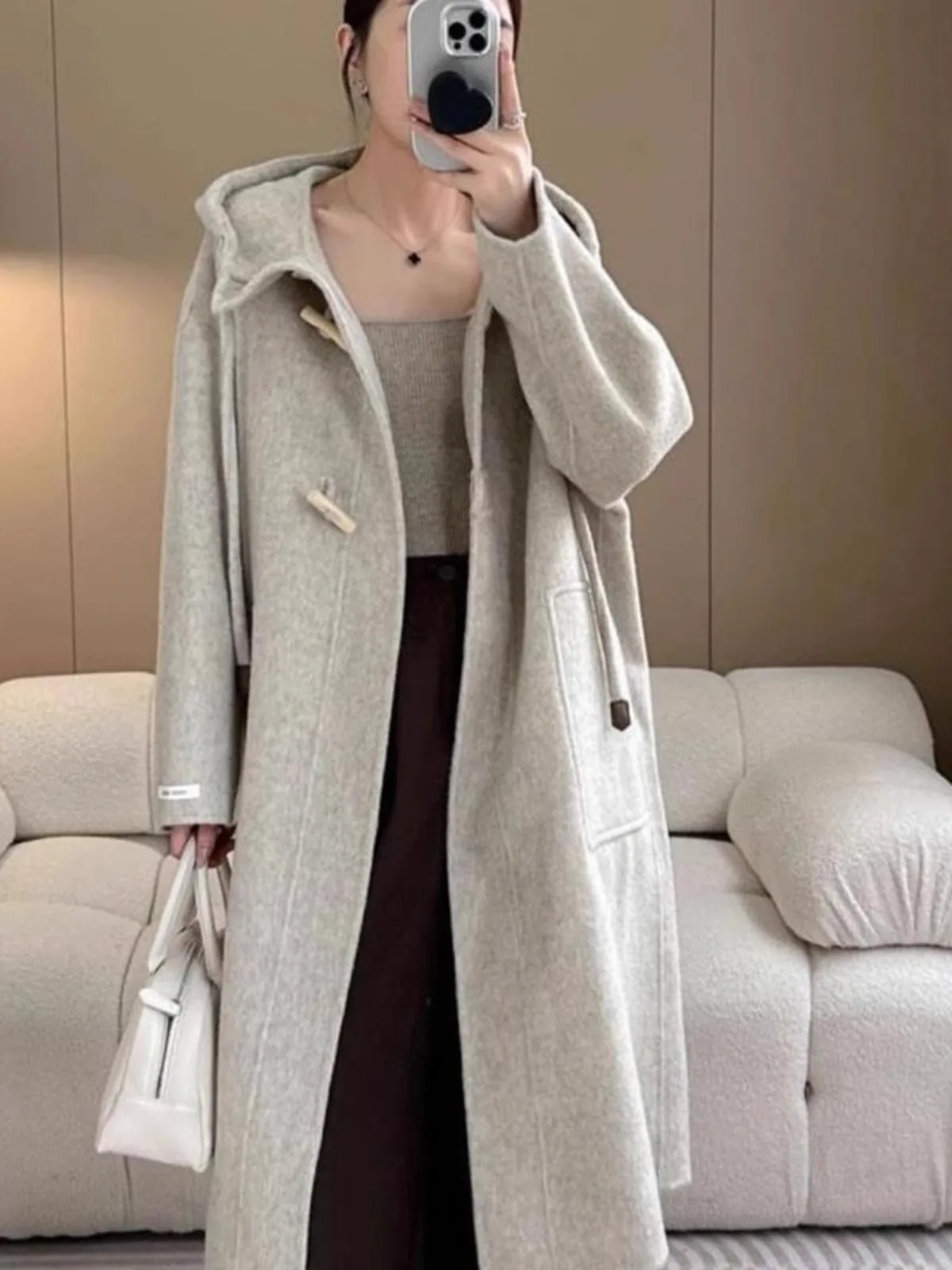 양면 카메라 오버니 코트 여성용 중간 길이 울 코트 한국 스타일 혼 버튼 후드 자켓 가을 겨울 신상...