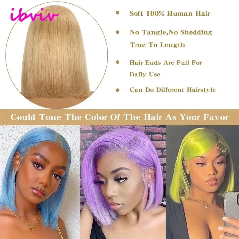 100%人毛 # 27 ハニーブロンドカラーのショートボブ人毛ウィッグ 女性用人毛 13x4 レースフロントボブウィッグ ブラジル人毛