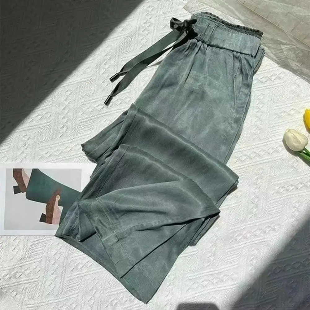 

Women Wide-leg Pants Elastic Waist Drawstring Women's Pants Solid Color Ice Silk Straight Wide Leg Trousers for Streetwear Style