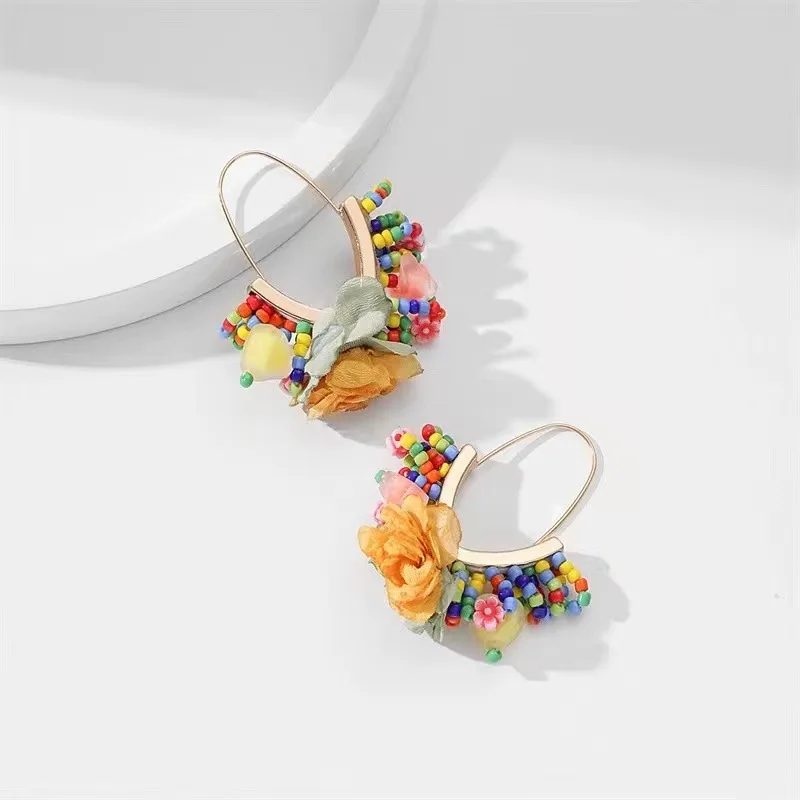 European and American hand-woven rice beads Christmas earrings for women handmade large V-shaped tassel earrings