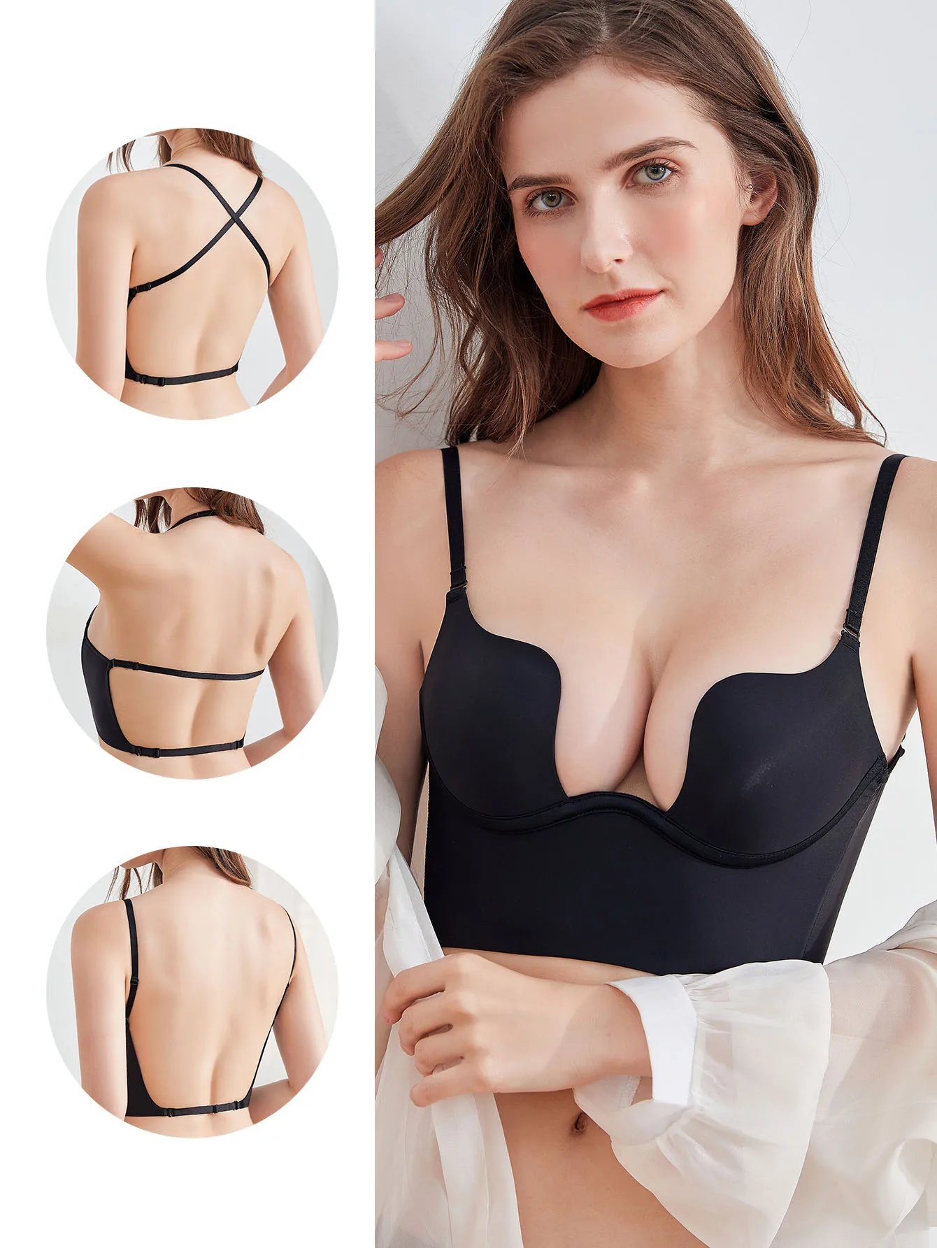 

2026 FitCharm SecretPlunge Bra Sexy gathering U-shaped large backless underwear invisible back bra 48DD