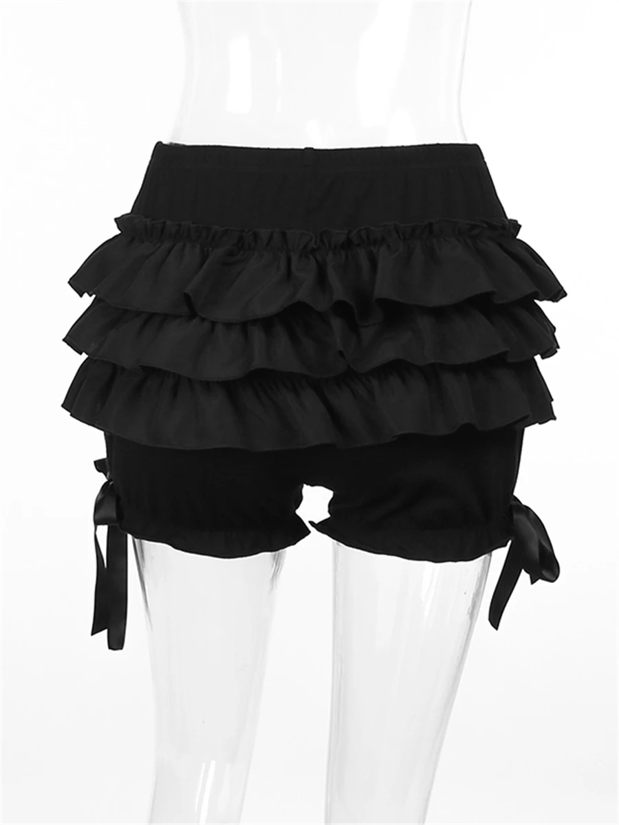 Wsevypo-pantalones cortos negros góticos para mujer, Shorts de cintura elástica con volantes en capas, ropa de calle Harajuku, pantalones de cintura alta