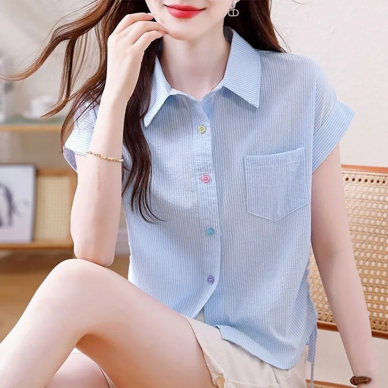 

Blue Striped Short Sleeve Women's Shirt Drawstring Waist Slimming Collar Casual Summer Fashion Design Sense Polyester Fiber