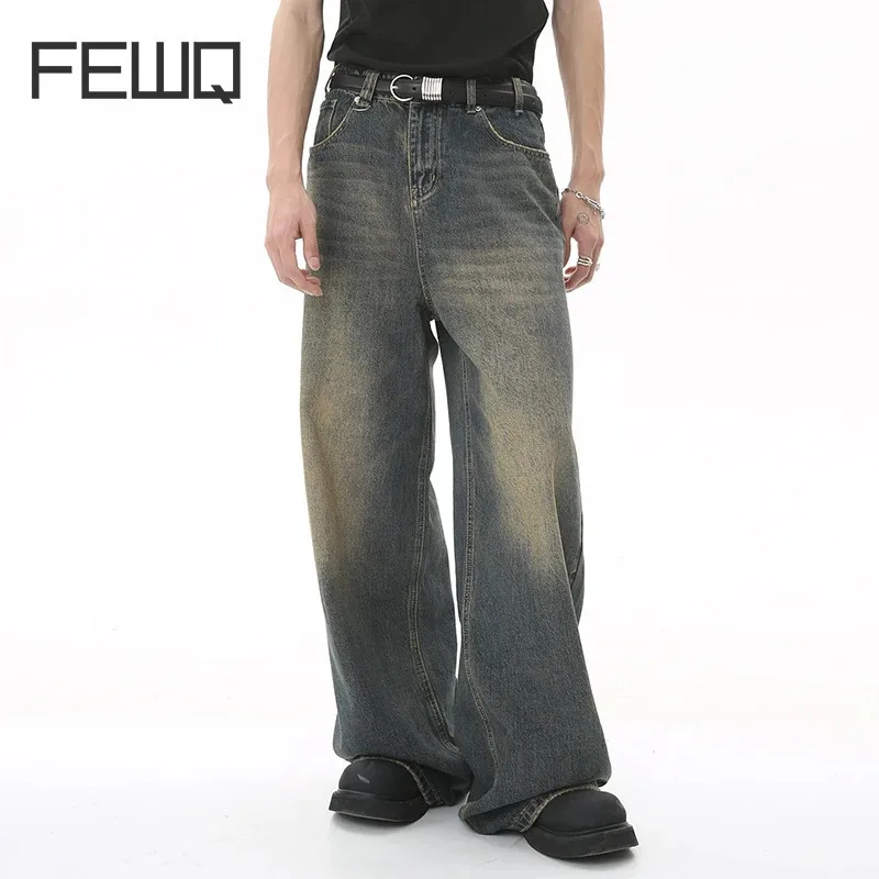 

FEWQ Wide Leg Denim Pants Men's Vintage Jeans Fashion Washed Street Casual Summer Distressed Loose Male Versatile Trousers 9C354