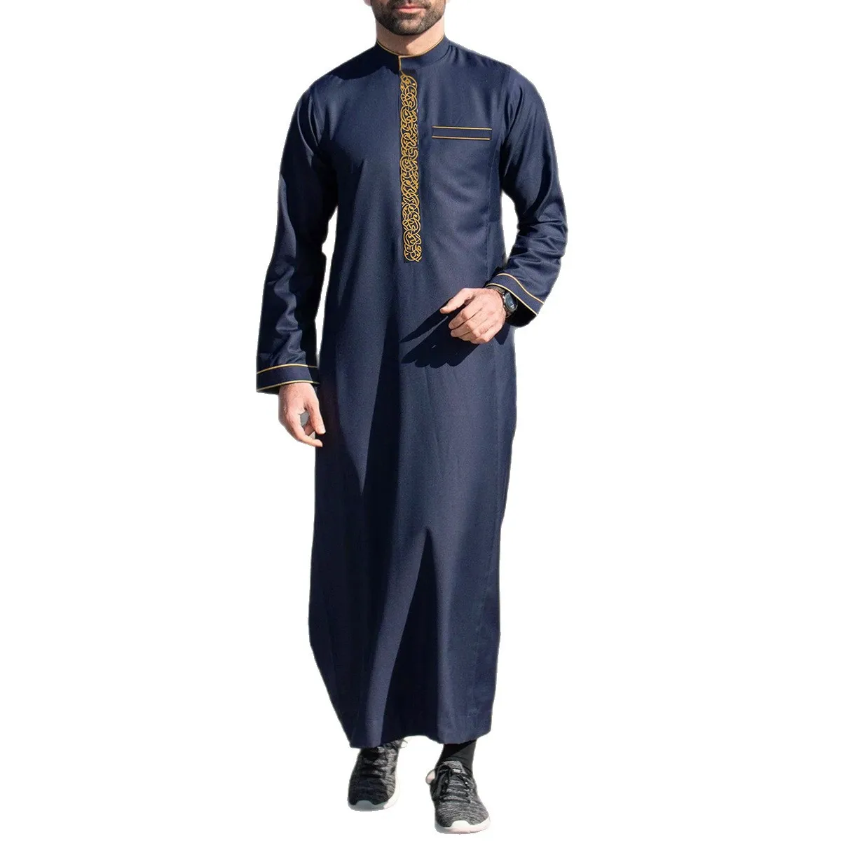 Dishdasha Uomini Musulmani Abito Lungo Jubba Thobe Abaya Ricamo Kimono Islamico Dubai Salita Abaya Preghiera Caftano Ramadan Marocco 2025