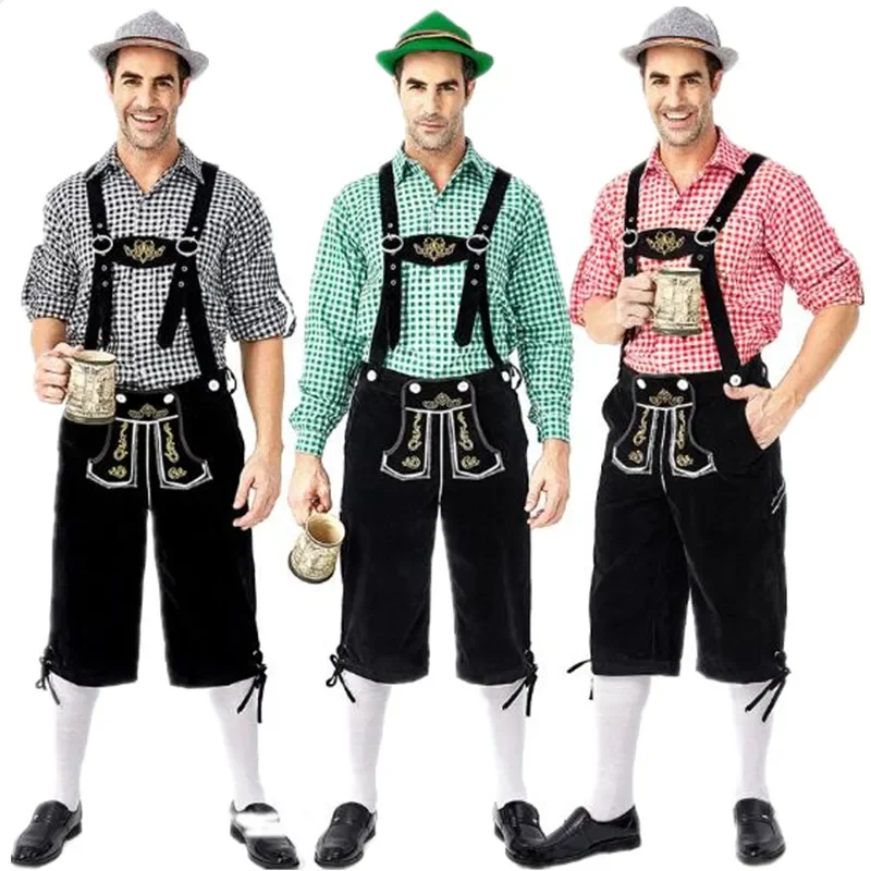 Deluxe Men's Oktoberfest Lederhosen with Plaid shirt Hat Costumes Bavaria Traditional Festival Beer Men Costume