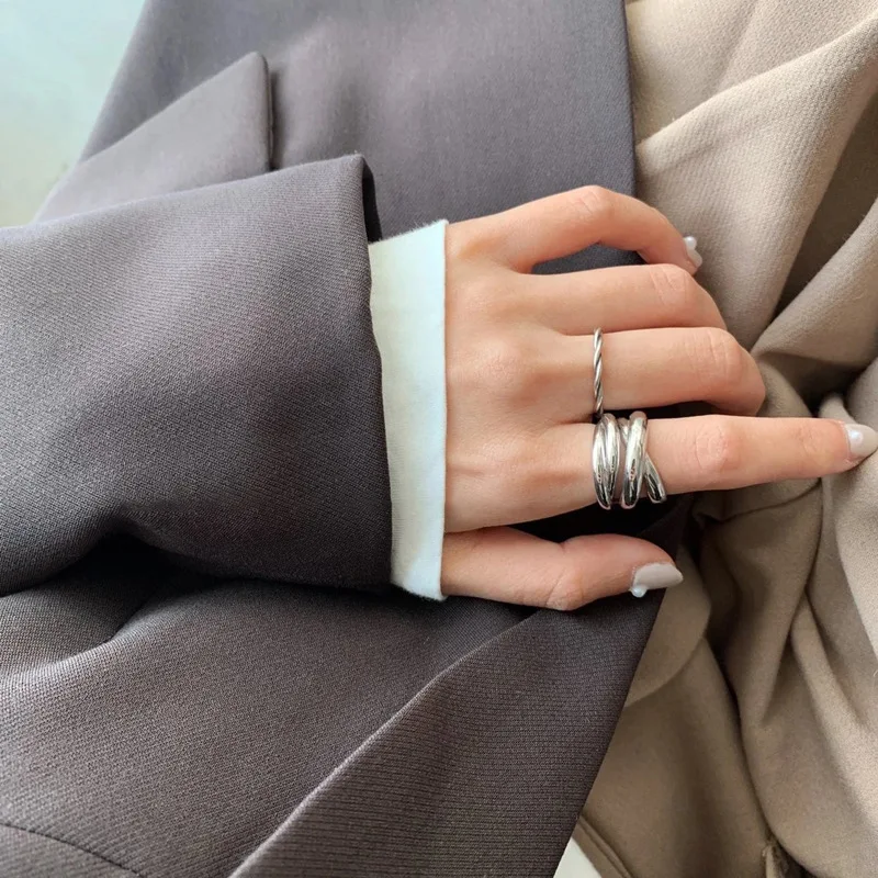 CHOZON S925 الصلبة الفضة الثقيلة التراص الدائري الحد الأدنى بالجملة مجوهرات قابل للتعديل للنساء