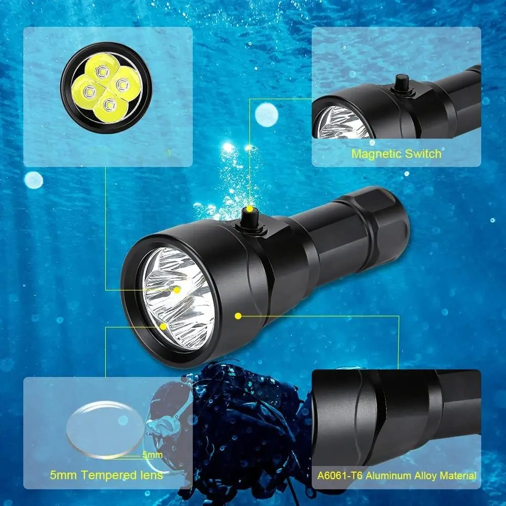 Odepro ND51 High Power LED Diving Flashlight Underwater Lantern Rechargeable Submersible Flashlight Scuba Torch Lamp for Diving