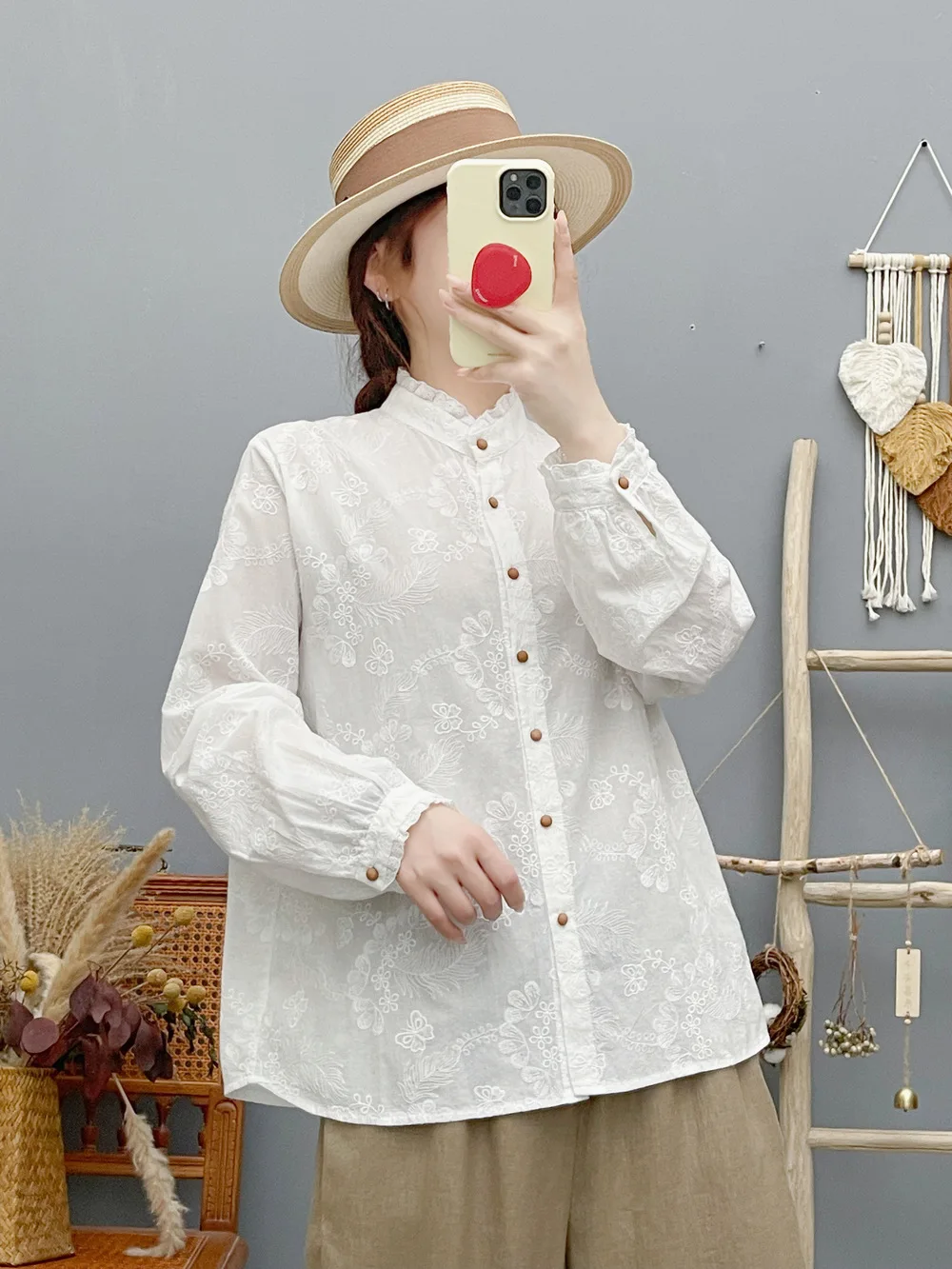 Women's Ruffled Mandarin Collar Lace Embroidered Shirt 100% Cotton Long Puff Sleeve All‑Over Floral Embroidery Blouse