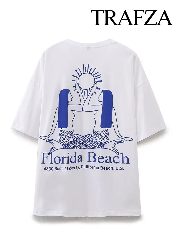 New Women Summer Vocation White Knit Florida Beach Printed Cotton T Shirts Female New Fashion Chic Crew Neck Short Sleeve Top