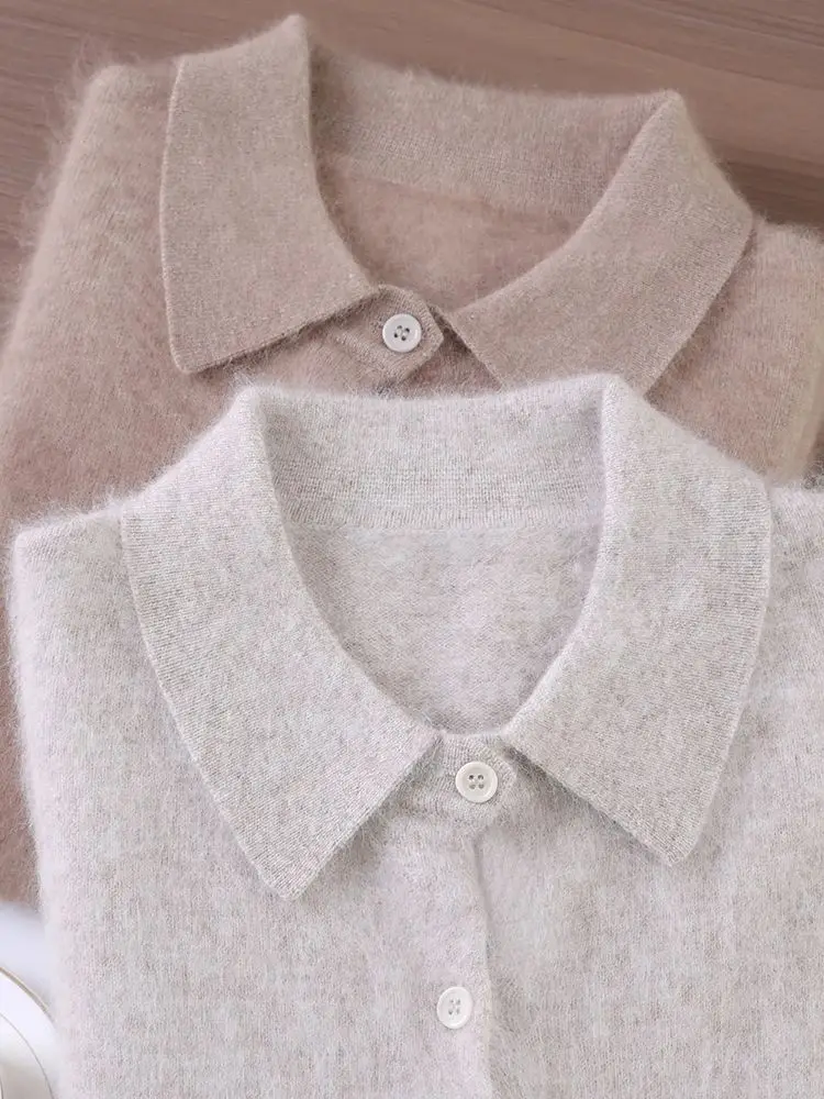 Femmes 100% vison cachemire doux tricots automne hiver pull col Polo Cardigan bureau dame couleur unie décontracté confort hauts