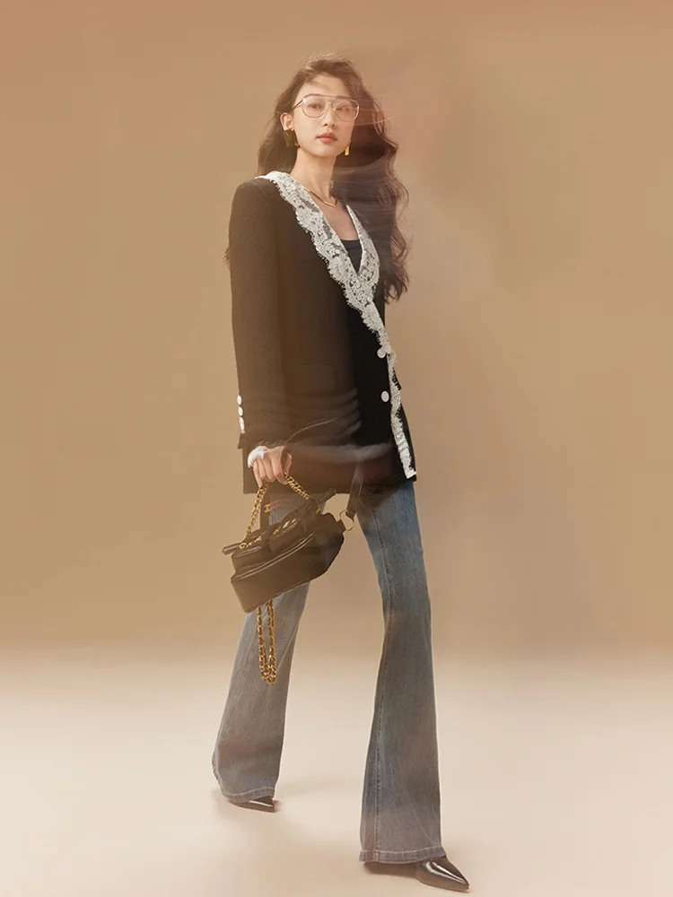 

Ele Hollow out Lace Woolen Suit Jaet by Garbociaga Long Sve Commute Sle Pure Color Spring 2024 Collection