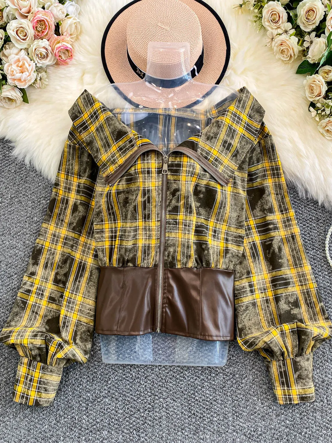Dimagrante in pelle PU Colletto scozzese Cerniera Jaet da donna Faionable Spicy Girl Sle Impiombato Colore Blo Lungo Sve Top