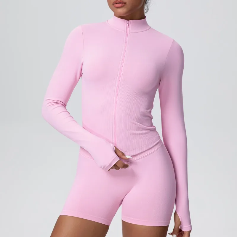 

Women's Seamless Solid Color Yoga Set Tight Fitting High Elasticity Breathable Zipper Jacket Sports Running Fitness Yoga