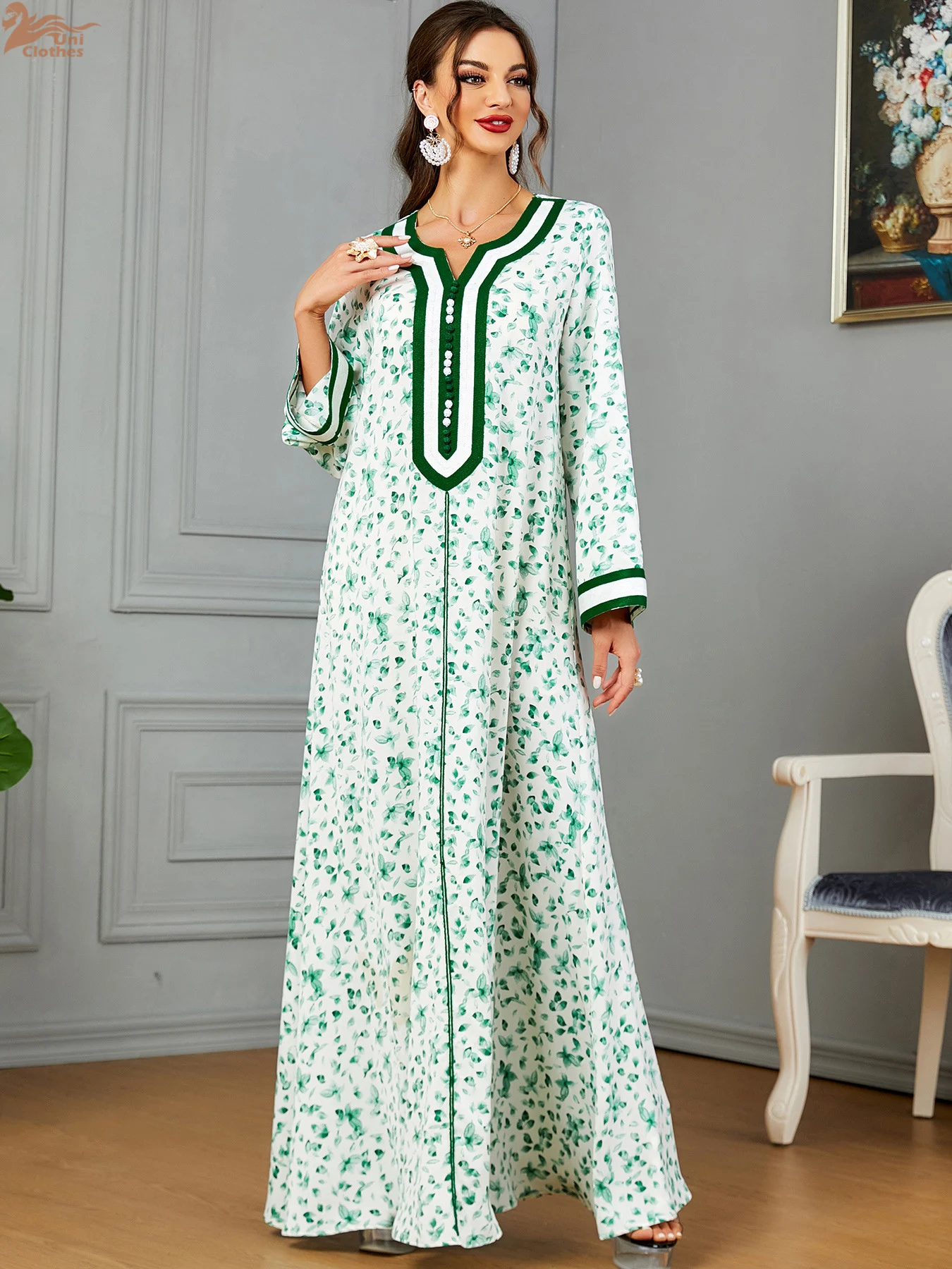 Uni Fashion Arabic Robe Jalabiya Notched V-Neck Floral Dress For Muslim Woman Dubai Moroccan Elegant Casual Loose Abayas