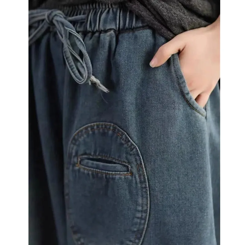 Übergroße frauen Jeans 2025, Frühling Herbst Neue Pendeln Lose Elastische taille Casual Denim Hosen Weibliche Hohe Taille Breite Bein Hosen