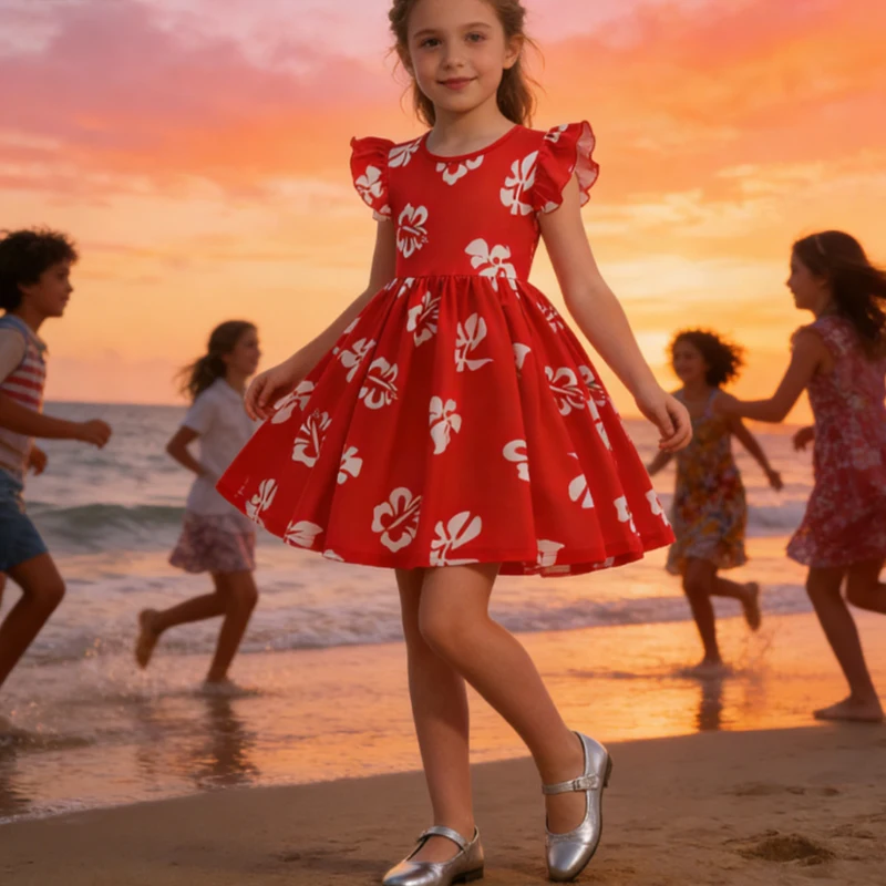 Sommerkleid für Mädchen, hawaiianisches, rot bedrucktes Blumenkleid, lässiges Kleid für Mädchen, elegantes Geburtstagsparty- und Urlaubskleid, Neujahrsgeschenk