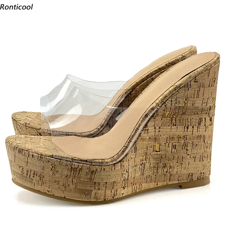 

Ronticool New Arrival Handwork Women Mules Sandals Cork Wedges Heel Open Toe Transparent Party Shoes Women US Plus Size 5-20