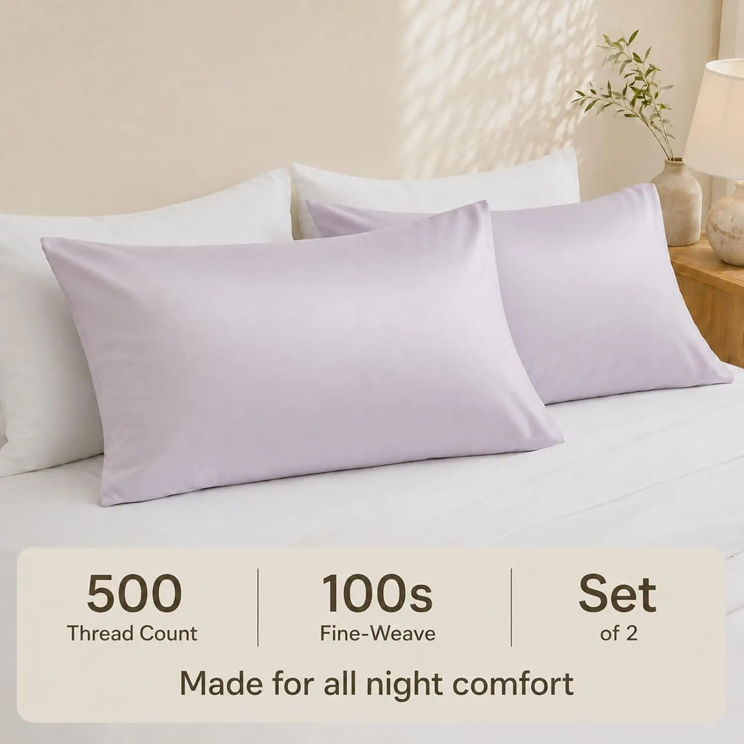 100% Cotton Sateen Pillowcases Standard/Queen/King Size Set of 2, Light Purple 500 Thread Count Pillow Cases 20