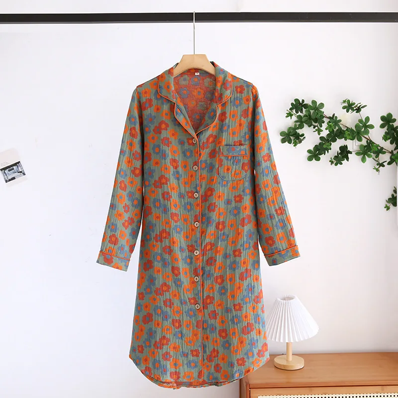 New Spring and Summer Women\'s Nightdress 100% Cotton Leaf Flower Long Sleeve Dress Large Home Dress Retro Long Sleeve Dress