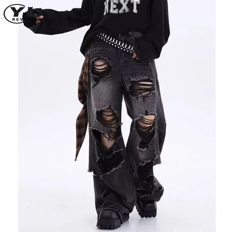 Baggy Hole Jeans Man Woman American Vintage Black High Waist Denim Pants Hip Hop Gothic Unisex Spring Autumn Wide Leg Trousers