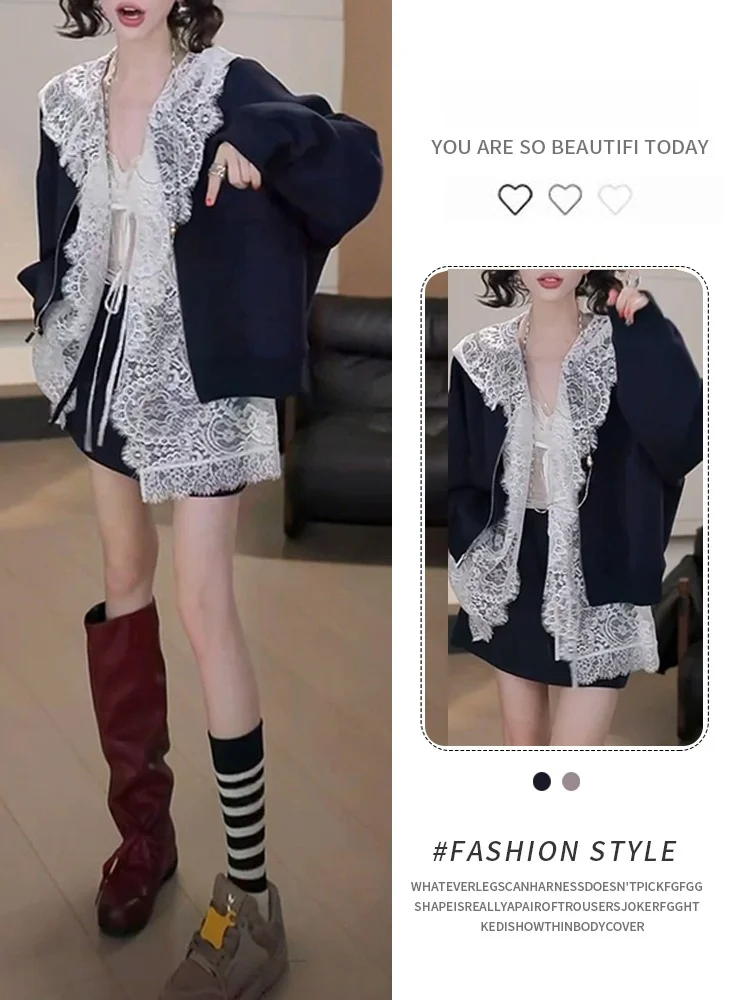 

Trendy Women's Lace Hoodie Cardigan Jaet ort Skirt Tee-Piece Set Autumn Casual Loose Fit Breathable Mid-Thi