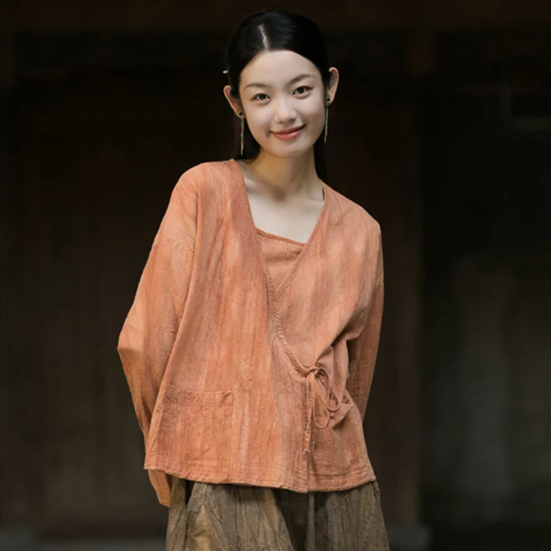 Women Loose Shirt Summer Autumn r Retro Casual Flax Tops Ladies Vintage Blouse Tops Outer Garment Woman Jacket