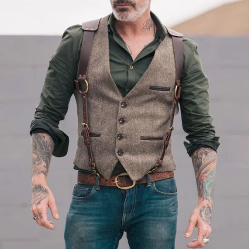 New Men Casual Retro Single-Breasted Suit Vest With Belt Elegant Sleeveless Work Wear Clothing Male Overcoat