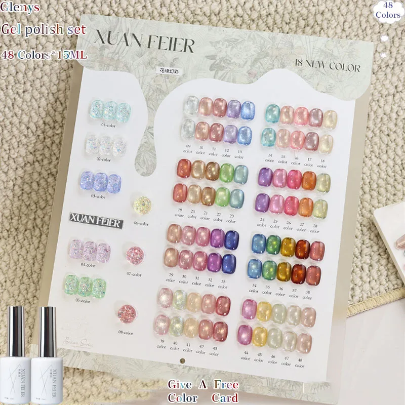 Glenys 48 color glazed illusion cat's eye nail polish gel net red popular immersion gel color matching card UV LED varnish set