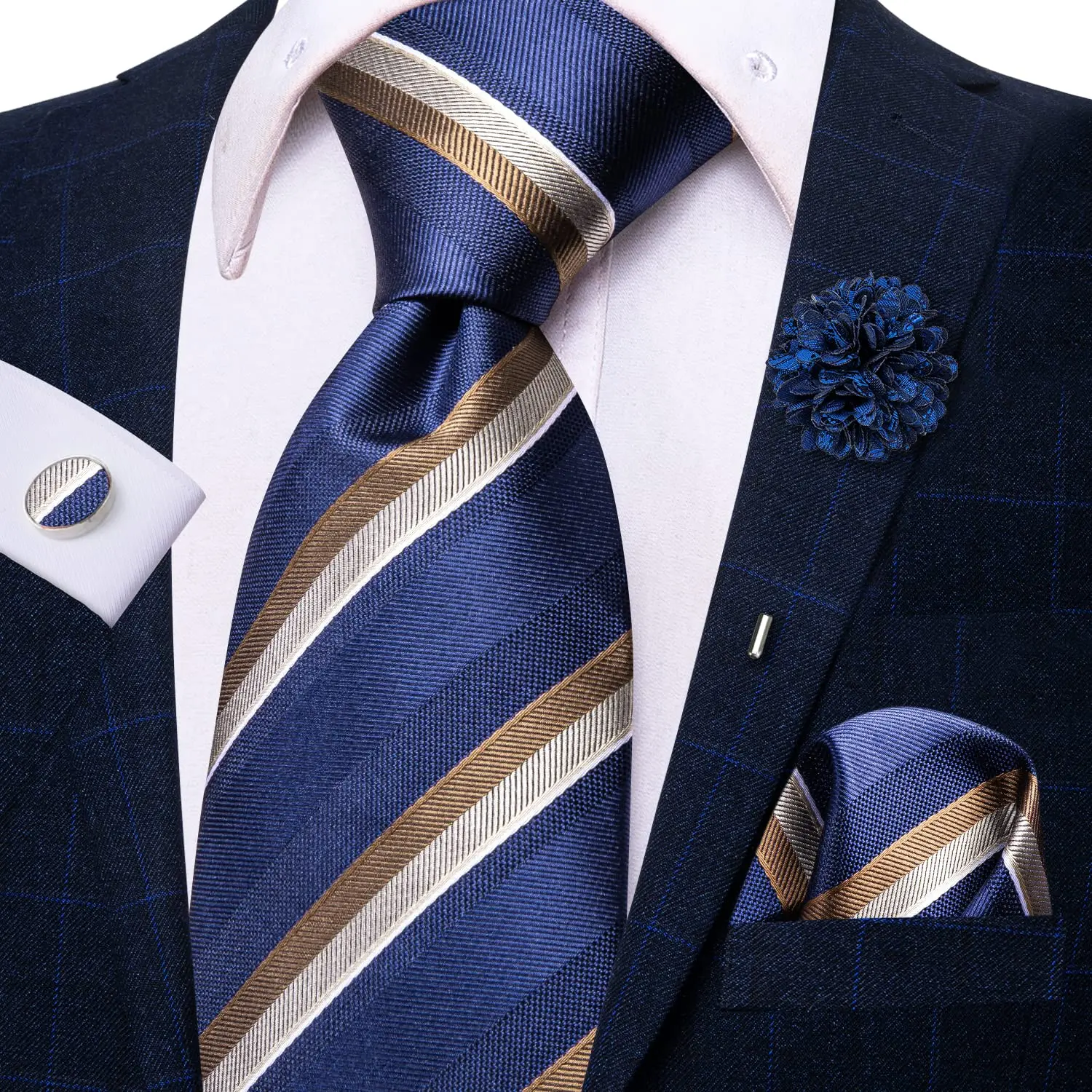 

Navy Blue Striped Neck Ties For Men Luxury 8.5cm Wide Silk Wedding Tie Pocket Square Cufflinks Set Brooch Gifts For Men Hi-Tie