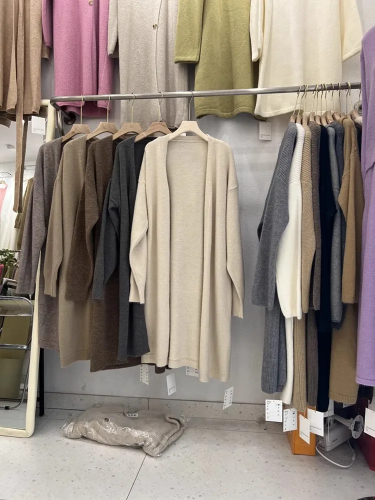 Camisola de malha de comprimento médio feminino casaco macio aconchegante na moda solta malha aberta cardigan primavera outono nova chegada sentimento premium