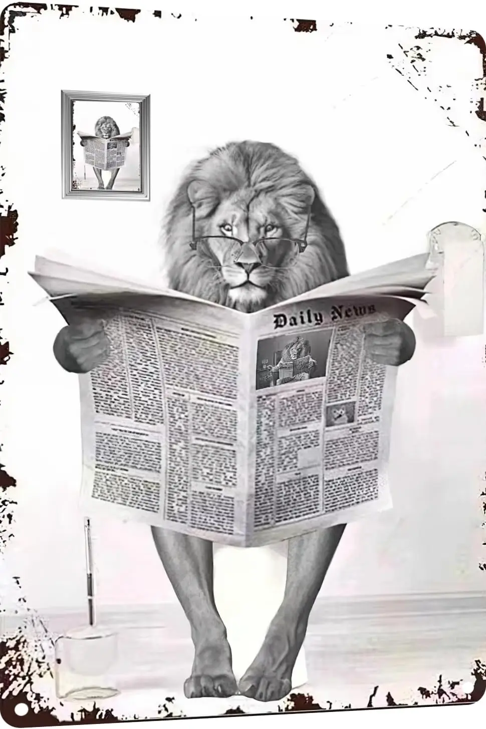 Metal Tin Sign Vintage Lion Toilet Reading Newspaper Humour Funny Animal Whimsy Animal for Home, Bathroom and Toilet Wall Decor 