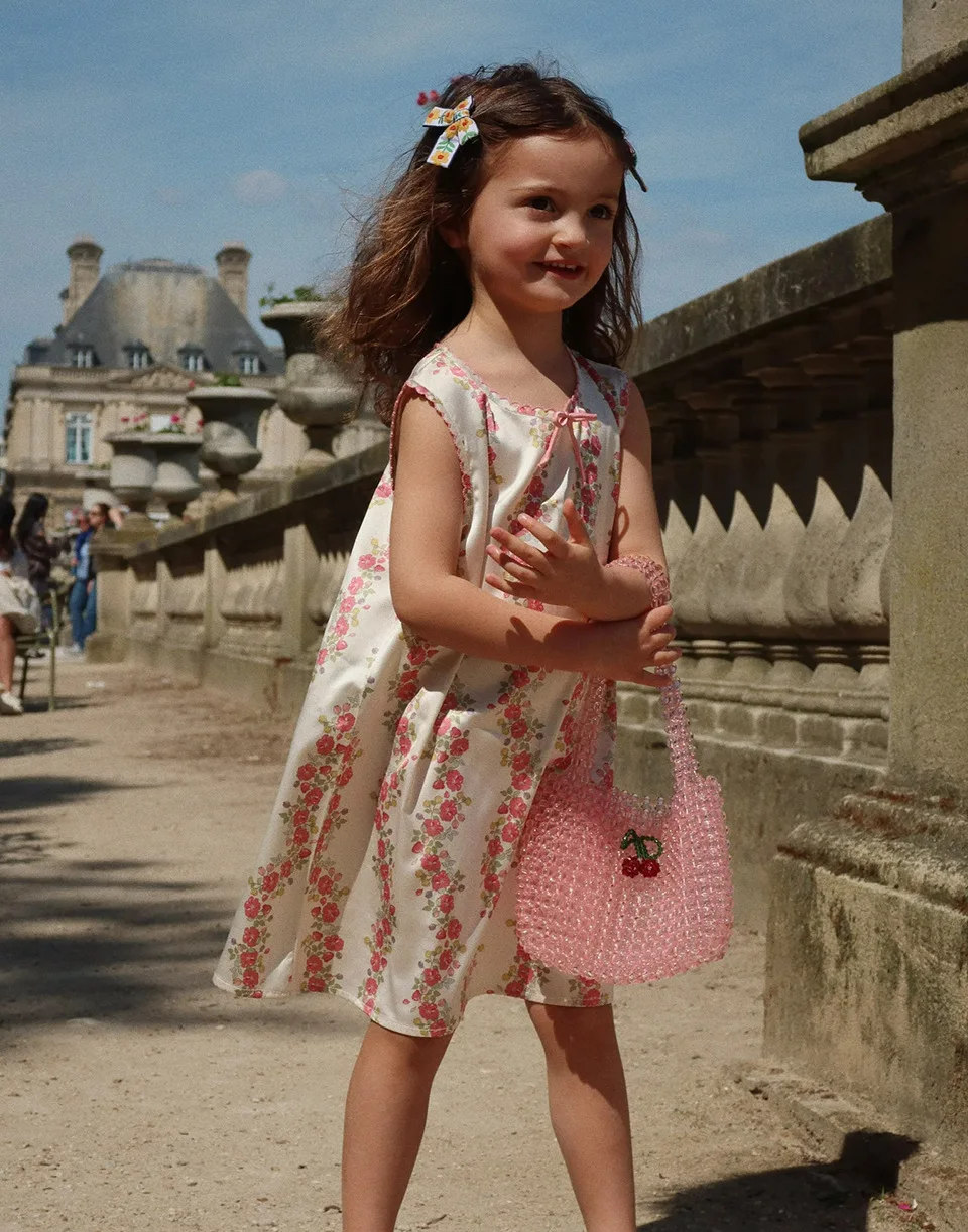 

‌Summer 2025 New Girls' KS Silk-like Ruffle Hem Short Sleeve Top & Shorts Set with Sundress