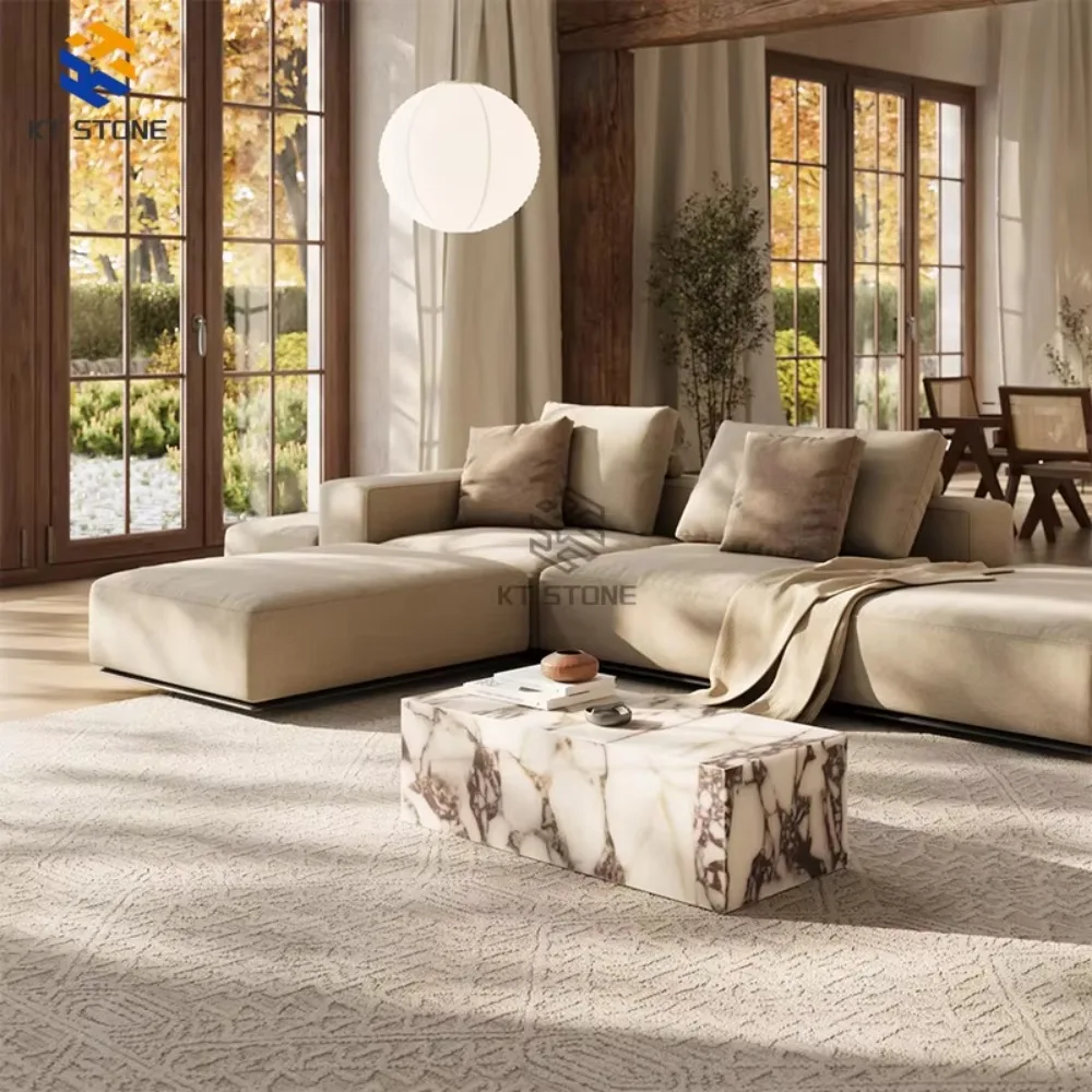 Custom Modern Calacatta Viola Marble Floor Plinth Stand Set Sintered Stone Coffee End Table Luxury Marble Center Table
