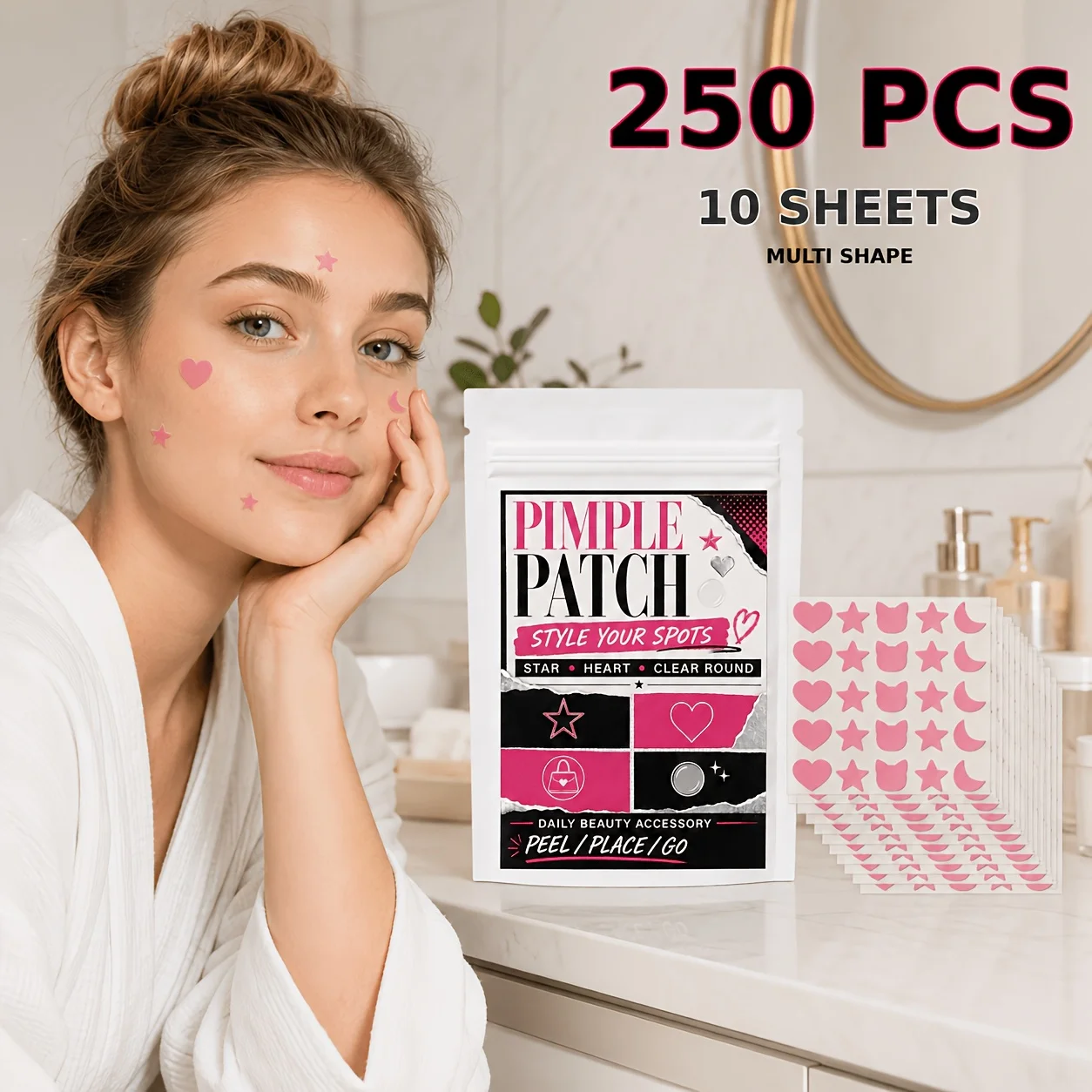 250PCS Pink Hydrocolloid Pimple Patches, 10 Sheets Face Cover Stickers, Cute Facial Care Patches for Daily Skin Care Use