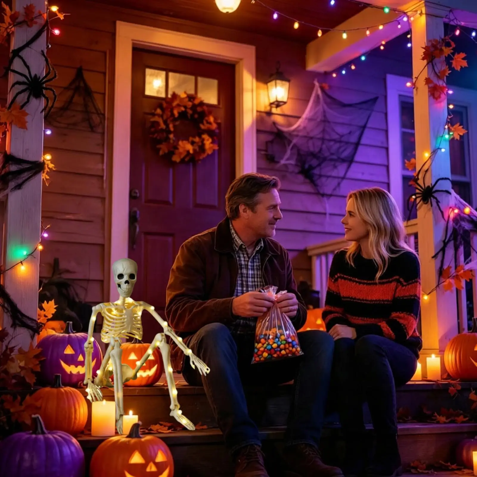 Skeleton Halloween 35.4inch Posable Spooky Decor With String Lights Posable Skeleton For Yard Patio Lawn Garden Indoor Outdoor