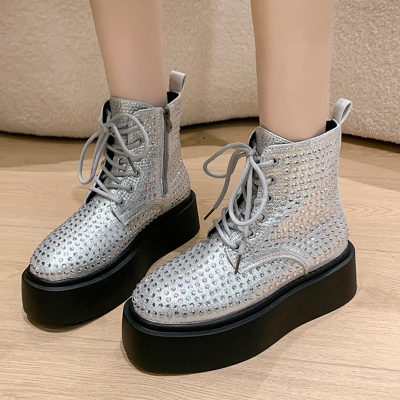 Crystal Flats Platform Woman Ankle Boots Luxury Shoes 2025 Trend Brand Fashion Zipper Chelsea Boots Casual Walking Mujer Botas