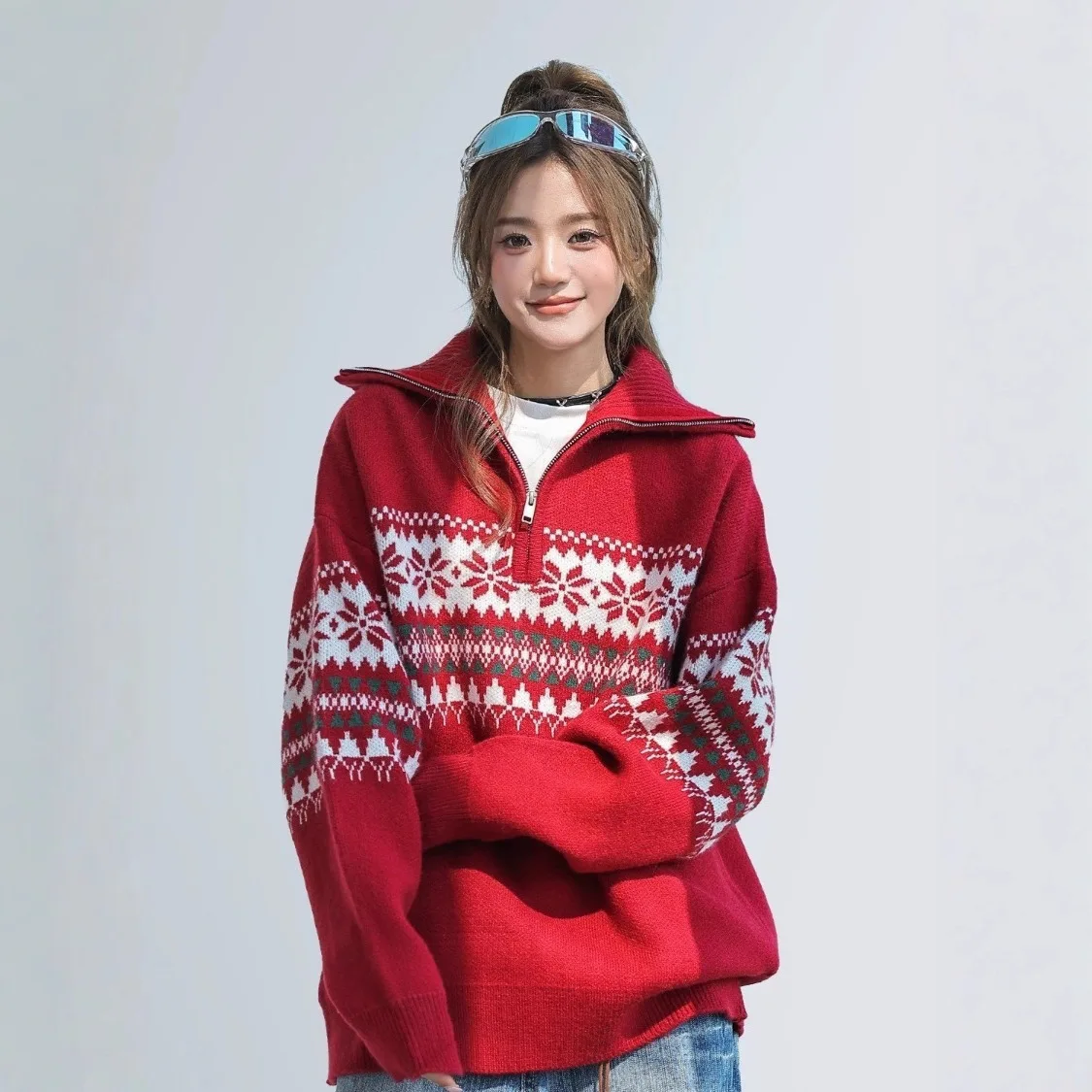 

Vintage Christmas Half-Zip Turn-Down Collar Sweater Women, New Loose Slimming Lazy Pullover Knitted Top For Women In Autumn And