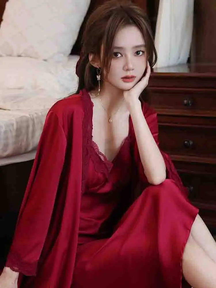 2023 Spring Red Silk Strap Dress Women Casual Korean Elegant Long Dress Patchwork Lace Midi Dresses Women Fashion Party V Neck