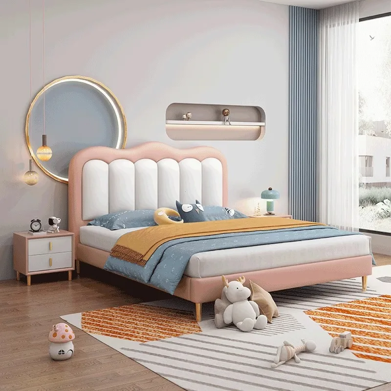 

Modern Luxury Bedroom Furniture Soft Up-holstered Beds king Size Kids Double Bed Frame Girls pink Blue Boys with Mattress Design