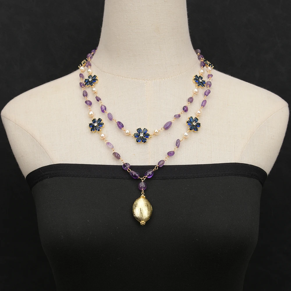 GG 20\'\' 2 Rows Natural White Pearl Purple Amethyst Blue Crystal Flower Crystal Paved Necklace Brushed Bead Pendant