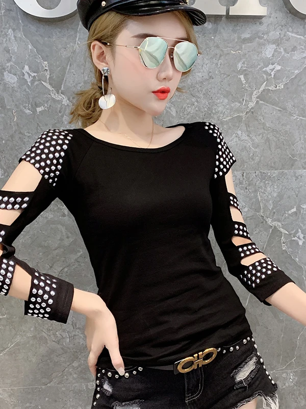 Fashionable Hollow out Diamond Embedded Heavy Work Top for Women Sleeveless round Neck T-Shirt Street Style Slim Fit Linen Blend