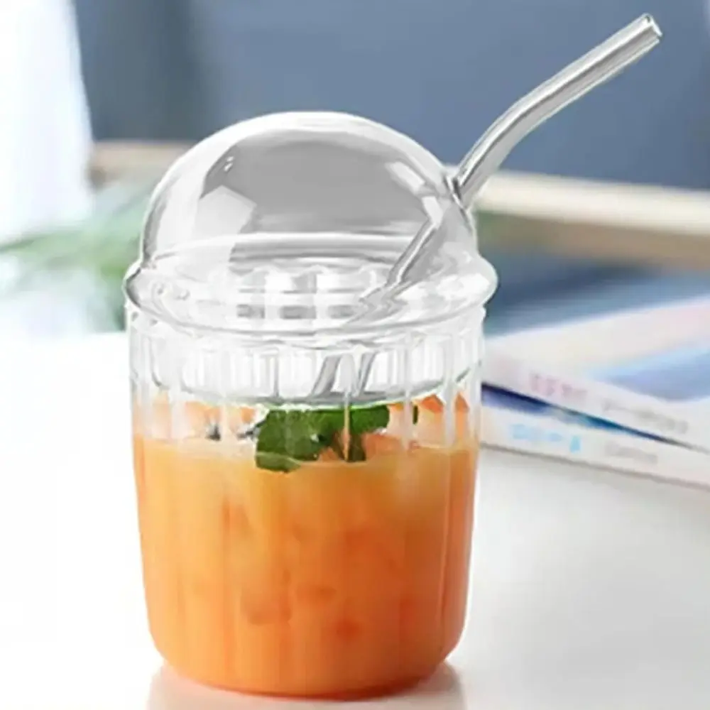 

Fashion Clear Glass Straw Cup Stripe Pattern Dome Lid Milk Tea Cup Heat-resistant Simple Style Drinking Cup Gift
