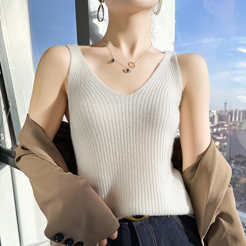 SZDYQH New Women Sexy 100% Cashmere High Elasticity Vest Crop Fashion Tops V-Neck Tank Soft Warm Ladies Knit Bottoming Camisole