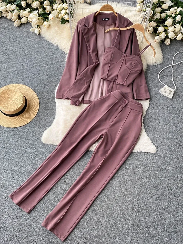 Women Elegant Blazer Three Piece Sets Sexy Tank Tops Loose Jacket and Slim High Waisted Long Pants Suits Woman Outfits