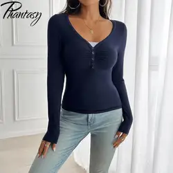 Phantasy Y2K Women Tops Autumn Solid Color Vintage Button Women Shirts Long Sleeve Tees Sexy Slim Blouse Female Clothing