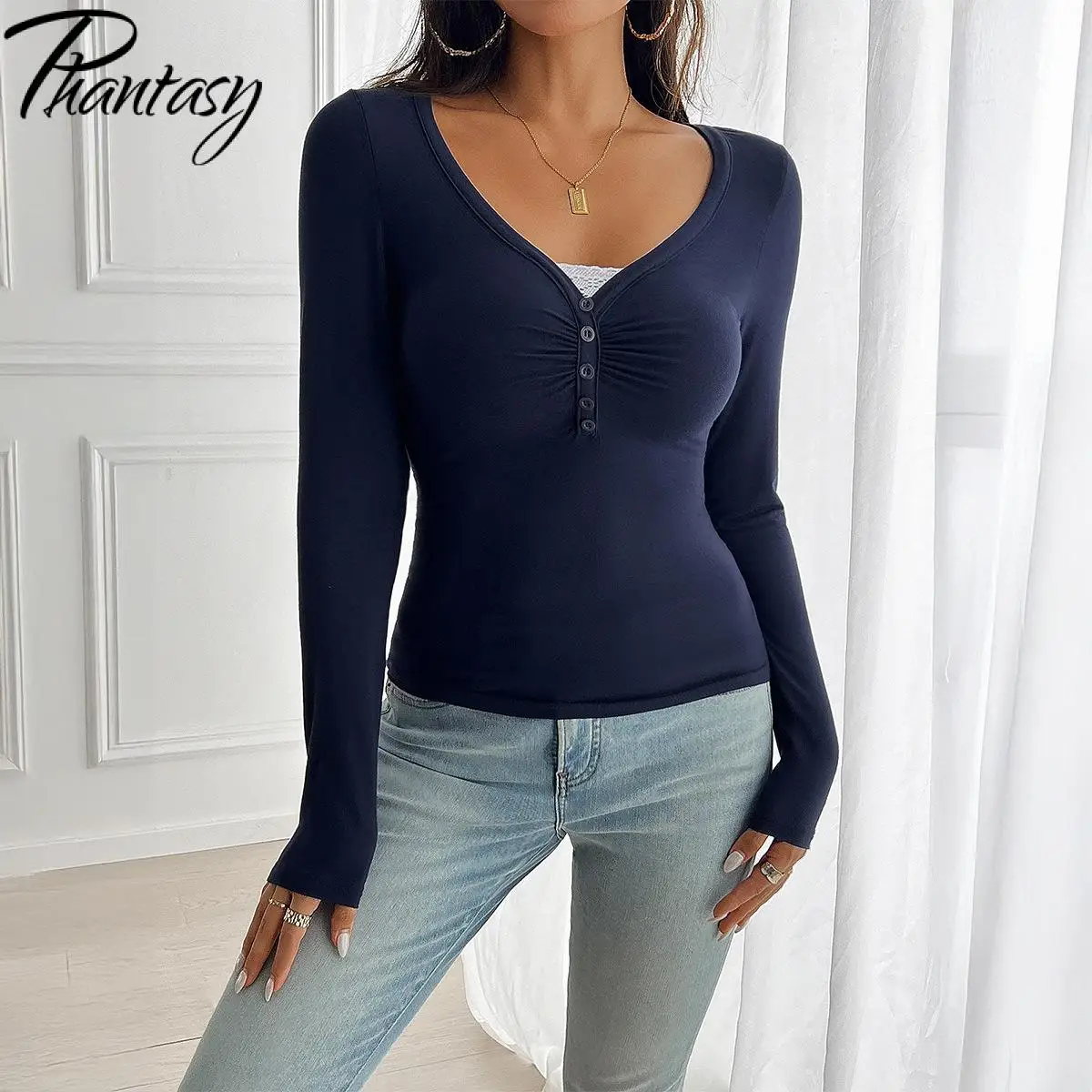 Phantasy Y2K Women Tops Autumn Solid Color Vintage Button Women Shirts Long Sleeve Tees Sexy Slim Blouse Female Clothing